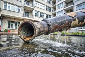 Water flows from a pipe into a reflective puddle. photo
