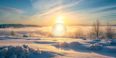Sun rising over a snowy landscape with trees. photo
