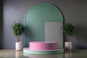 Modern display with pastel colors and plants. photo