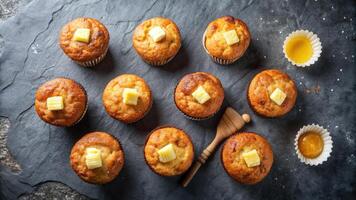 Freshly baked muffins with a lattice pattern on top. photo