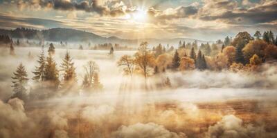 Scenic view of mountains with sunlight breaking through fog. photo