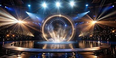 Illuminated stage with a circular arch and lights. photo