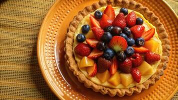 Fruit tart topped with fresh berries on a yellow plate. photo