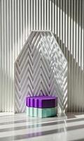 Geometric display stand with patterned backdrop in soft lighting photo