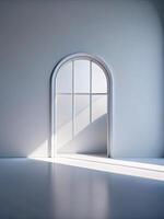 Minimalist room with an arched window casting soft sunlight photo