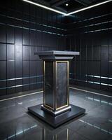 Sleek, modern lectern in a modern dark setting with bright accents. photo