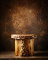 Rustic wooden table set against a textured brown backdrop. photo
