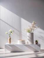 Sunlit minimalist space with plants and decorative objects. photo