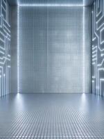 Sleek, empty metallic room with a digital grid pattern. photo