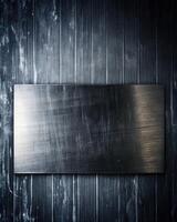 Dark wooden board on a textured black background. photo