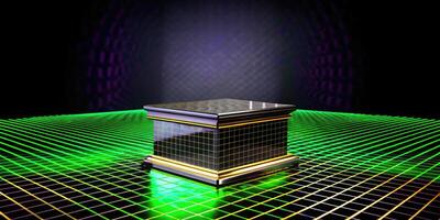 Futuristic neon-lit cube on a glowing digital grid. photo