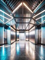 Symmetrical hallway with glowing lights and reflective surfaces. photo