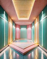 Elegant hallway with soft pastel lighting and reflective floors. photo