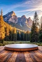 Scenic mountain view with autumn trees surrounding a hot tub. photo