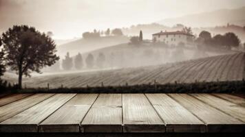 Misty Vineyard in Countryside with Wooden Plank Foreground photo