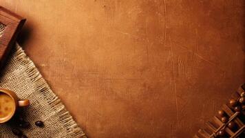 Rustic Brown Background with Coffee Beans and Burlap Sack Close-Up photo