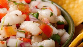 Fresh Shrimp Ceviche Served with Diced Vegetables and Crispy Tortilla Chips photo