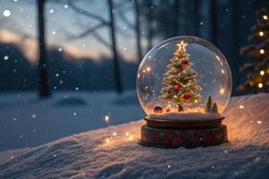 Snow Globe Featuring a Decorated Christmas Tree in a Winter Scene photo