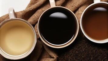 Steaming Cups of Coffee and Milk on a Rustic Table photo
