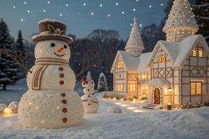 Cheerful Snowman in Front of a Lit Winter Village Scene photo