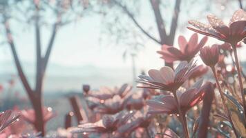 Soft Focus Pink Flowers in Sunlit Spring Garden photo