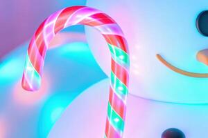 Festive Candy Cane with a Snowman in a Colorful Winter Scene photo