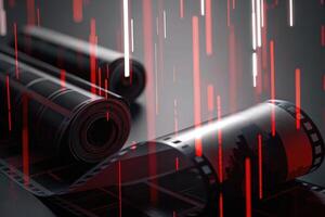 Abstract Scene of Red Light Rays and Film Rolls photo