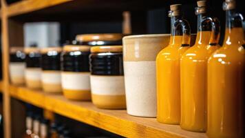 Glass Bottles and Ceramic Jars on Wooden Shelf photo