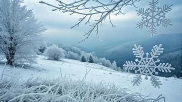 Snow-Covered Landscape with Frost-Draped Branches and Hills photo