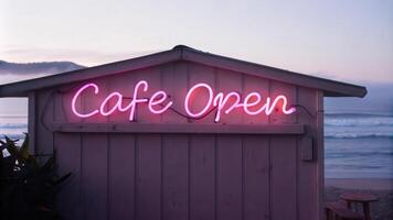 Bright Neon Sign on a Beachfront Cafe Building photo
