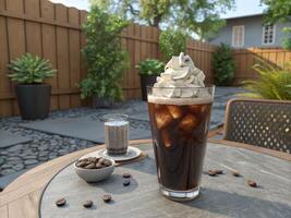 Outdoor Cafe Table with Iced Coffee and Whipped Cream in Garden Setting photo