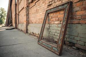 Abandoned Wooden Window Frame by a Brick Wall photo