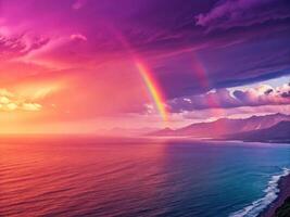 Vibrant Rainbow Over the Ocean Under Dramatic Sunset Sky photo