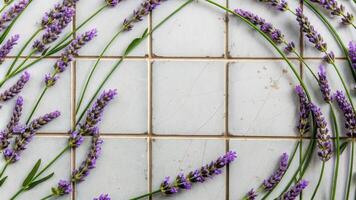 Lavender Flowers on White Tiles for a Spa-Inspired Look photo