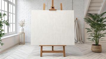 Minimalist White Blank Canvas on Easel in Bright Art Studio photo