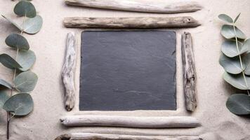 Rustic Chalkboard with Driftwood Frame and Eucalyptus Leaves photo