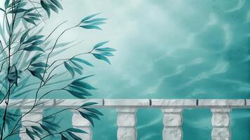 Elegant Hand-Painted Mural with Greenery and White Stone Balustrade photo