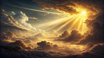 Dramatic Sky with Golden Sunbeams Breaking Through Dark Clouds photo