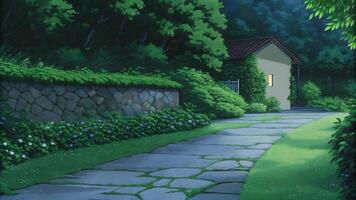Peaceful Pathway with Greenery and Traditional Stone Wall photo