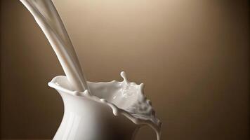 Milk Splashing from a White Ceramic Jug with a Warm Golden Background photo