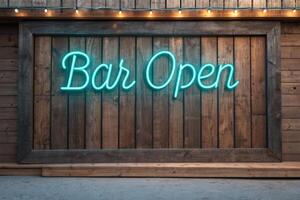 Rustic Wooden Bar Sign Featuring a Neon Bar Open Light photo