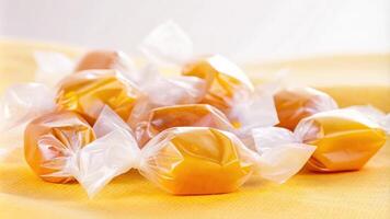 Caramel Candies Wrapped in Clear Plastic on a Bright Yellow Surface photo