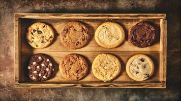 Wooden Tray with Assorted Cookies Including Chocolate Chip and Oatmeal photo