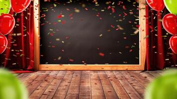 Festive Stage with Confetti and Red Balloons photo