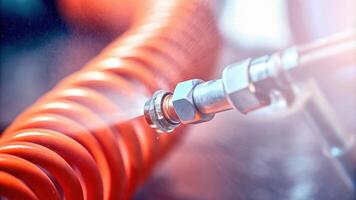 Coiled Orange Hose with Metallic Fitting in a Workshop Setting photo