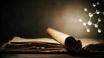 Vintage Scrolls and Old Books on a Rustic Table photo