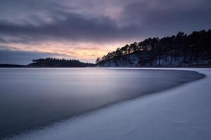 Serene Frozen Lake at Sunset with Winter Trees photo