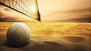 Beach volleyball net and ball in golden sunlight. photo