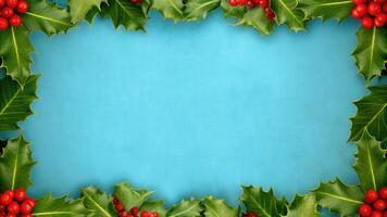 Festive Holiday Border with Green Leaves and Red Berries photo