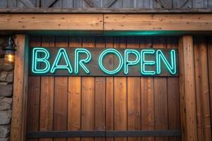 Neon Bar Open Signboard on Rustic Wooden Wall photo